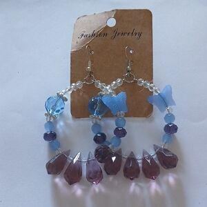 Elegant Blue Butterfly and Purple Beaded Earrings